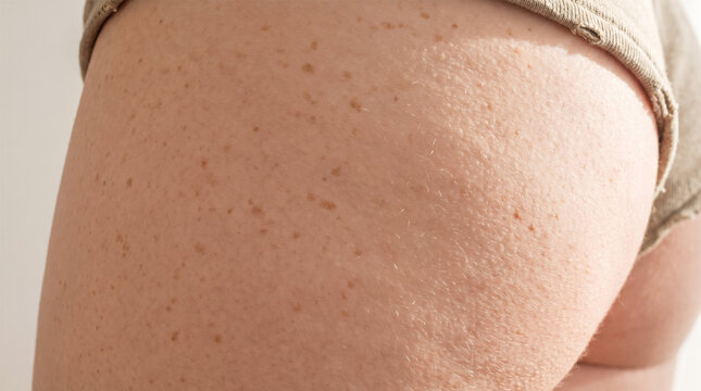 Close Up of Dense Natural Freckles and Sun Spots on Woman Hip and Thigh