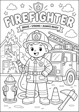 Cute Firefighter Coloring Page for Kids with Fire Truck and Fire Safety Equipment