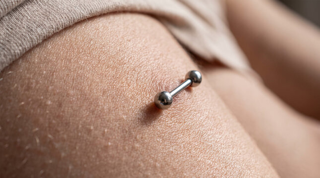 Macro Close Up of Titanium Barbell Surface Piercing on Sunlit Skin
