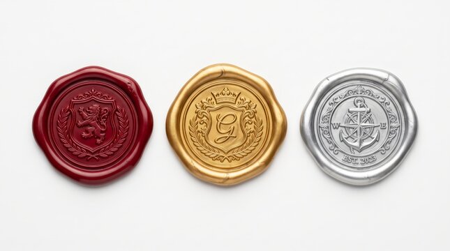 Three decorative wax seals in red gold and silver colors arranged in a horizontal row with featuring embossed heraldic, heraldic designs including, clean white background