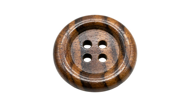 Round four-hole sewing button made of polished brown wood with visible grain patterns and dark striped texture isolated on a transparent background