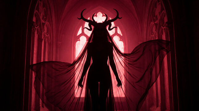 Female devil silhouette standing in gothic cathedral with flowing veil and antler crown in red light