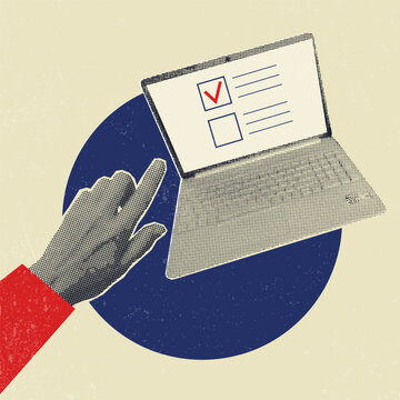 Trendy election banner with woman hand using laptop displaying online ballot form in retro halftone collage style. Digital voting and election participation concept. Vector illustration