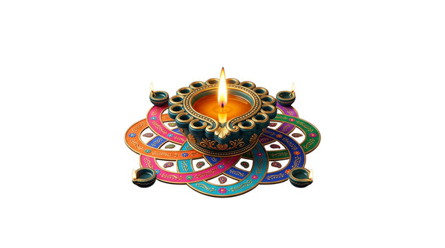 Decorative diya lamp with intricate patterns isolated on transparent background