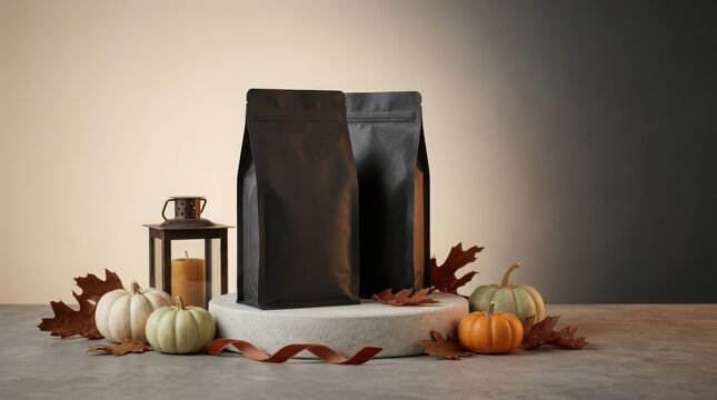 Two black stand-up pouches with autumn decorations and lantern, suitable for coffee and tea packaging mockups.