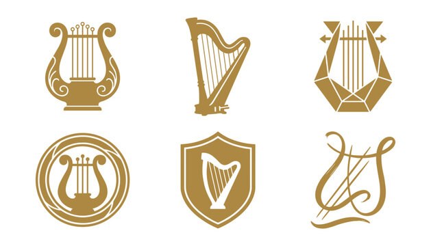 Elegant Golden Lyre and Harp Musical Instrument Logo Template Collection Featuring Classical String Elements Shield and Geometric Crest Symbols for Symphony Orchestra Concert and Music Academy Brandin