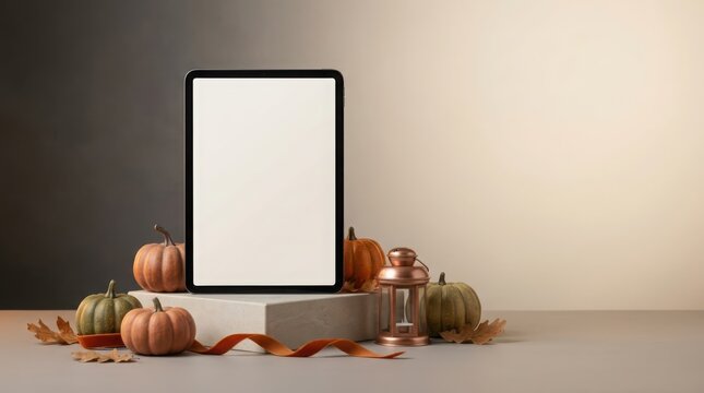 Digital tablet mockup with blank white screen standing on stone pedestal next to diverse pumpkins and warm lantern.