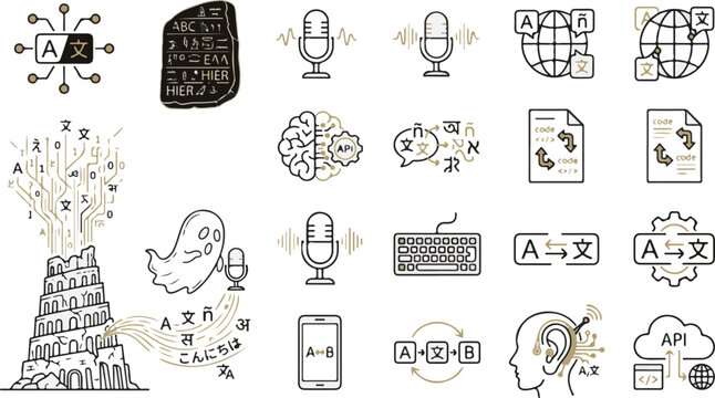 Language Translation API Rosetta Stone and Tower of Babel Line Icons