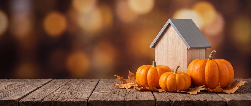 Small wooden house model placed with orange pumpkins and dry leaves on a rustic wooden table with blurred bokeh background autumn leaves against thanksgiving with celebration