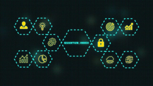 Quantum index concept with business data analytics and technology network icons in futuristic hexagon HUD interface, 4k motion graphics