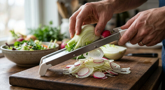Person using a mandoline slicer to cut fresh fennel and radishes on a wooden cutting board.