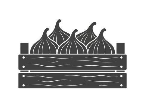 Black silhouette icon of fresh figs in a wooden crate isolated on white.