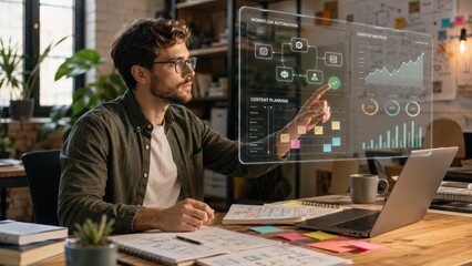 Fototapeta premium man interacts with a futuristic transparent touchscreen displaying workflow automation and data analytics in a modern office setting.