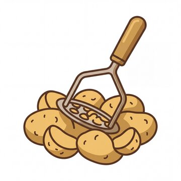 Fresh potatoes being crushed by a metal masher tool illustration