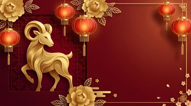 Chinese new year 2027 year of the goat frame background with golden ram and lantern