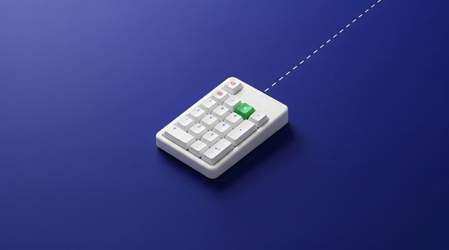 White numeric keypad with green key on blue background for business accounting and data entry