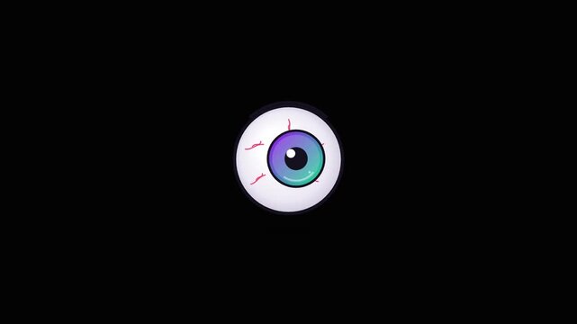 Animated spooky cartoon eyeball looking around in different directions, isolated on black background.