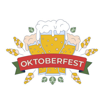 Oktoberfest multi beer glasses emblem vector illustration with wheat and hops