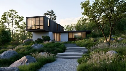 Obraz premium Modern minimalist house with glass walls and concrete steps surrounded by lush greenery and trees at dusk