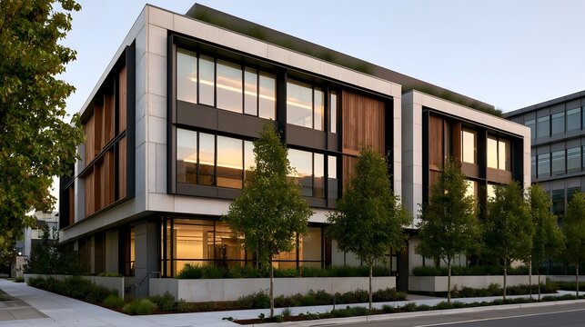 Modern multi story building with glass   wood paneling  and rooftop greenery under soft evening light