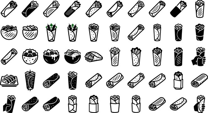 Burrito and Mexican wrap line art icon set vector illustration featuring minimalist black outline and solid silhouette stencils of shawarma gyros and doner kebabs