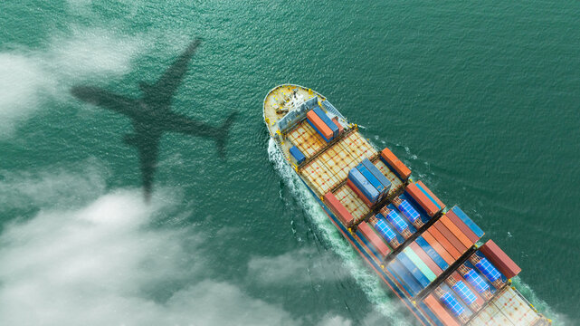 Aerial view of the freight shipping transport system cargo ship container. international transportation Export-import business, logistics, transportation industry concepts	