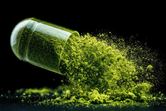 Green powder spilling out of a transparent capsule close up macro shot