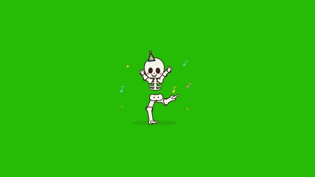Cute cartoon skeleton dancing with a party hat and musical notes on green screen
