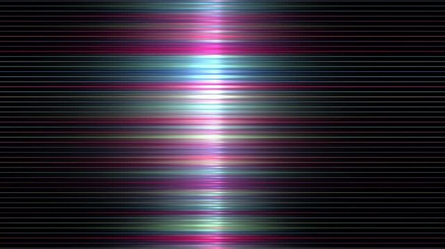 Motion graphics animation of glowing horizontal neon scan lines with colorful light flare effects shifting across dark background overlay