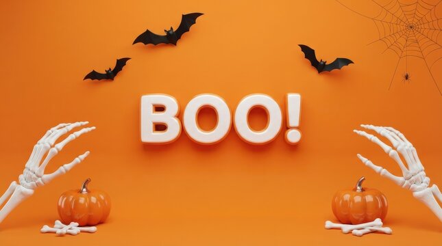 A spooky and delightful halloween scene with bats skeletons pumpkins and a playful 'boo ' message for festive