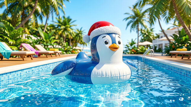 A cute inflatable penguin wearing a santa hat floating in a sunny tropical swimming pool for christmas