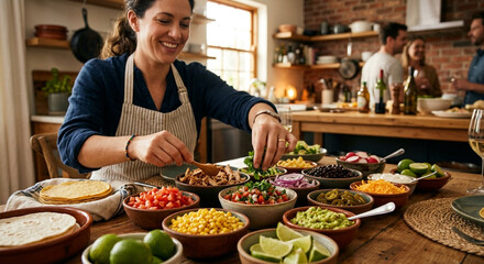 Fototapeta premium Happy woman preparing delicious tacos with fresh ingredients at a dinner party.