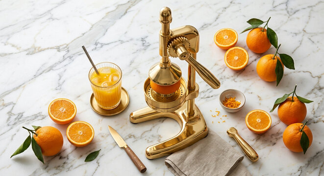 A golden manual citrus juicer with fresh oranges and a glass of juice on a marble surface.