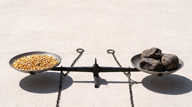 Vintage balance scale weighing corn kernels and black coal. Conceptual photo of energy transition and resource trade