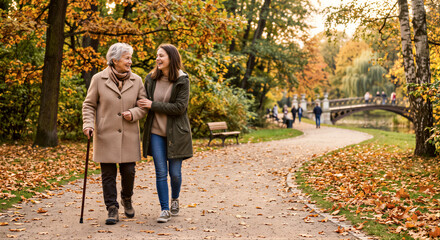 Fototapeta premium Happy senior woman walking with her adult daughter and talking together along a path in a beautiful sunny autumn park