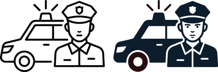 Police officer standing next to a patrol car with flashing emergency lights © Shafiq