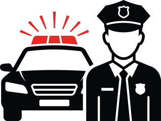 Police officer icon next to a patrol car with red emergency light bar © Shafiq