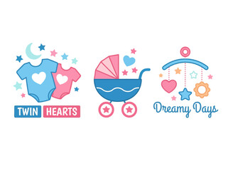 Fototapeta premium Cute Baby Shower Illustration Set for Twins with Bodysuits, Pram, and Mobile Icons