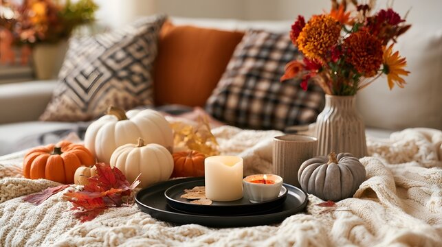 Cozy autumn scene with pumpkins  candles  and fall flowers arranged on a knitted blanket over a sofa