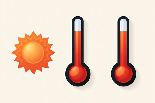 Bright illustration of a sun beside two red thermometers showing high temperature and intense heat.