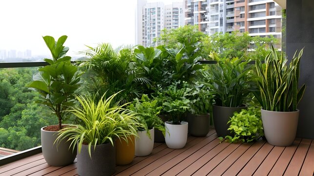 A modern balcony filled with lush potted plants arranged neatly on wooden decking  overlooking a cityscape with greenery in the background