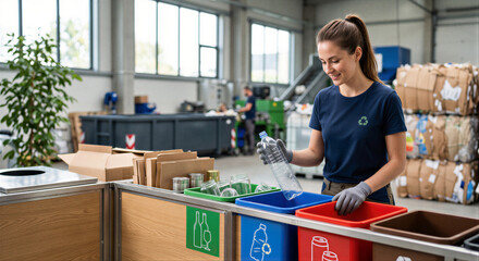 Obraz premium Smiling young female employee sorting plastic bottles into recycling bins at a modern waste management facility