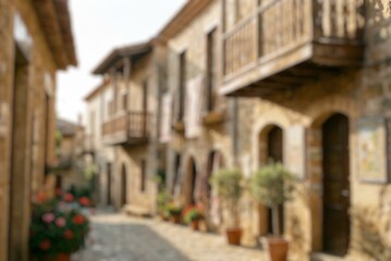 Fototapeta premium Blur image of traditional houses on a charming village street, creating a soft background for travel, tourism, culture, architecture, and heritage.