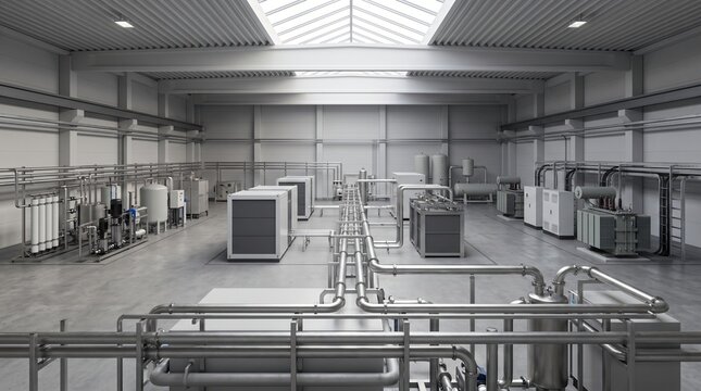 Hydrogen electrolyzer production facility showing generic electrolysis modules, water treatment equipment, power conversion hardware and hydrogen storage infrastructure for industrial decarbonization