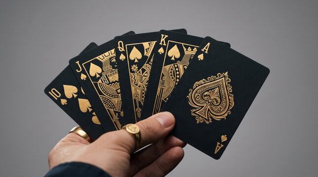 A hand holding a royal flush of black and gold playing cards against a gray background with metallic gold foil wearing gold ring flush spades made ring holds with recreation