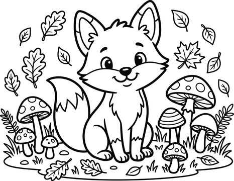 Cute little fox in the forest vector illustration with coloring page template for children and creative hobbyists
