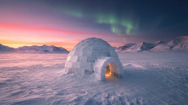 A breathtaking Arctic igloo shelter illuminated by warm light under a vibrant aurora borealis sky across the frozen snowy polar wilderness landscape