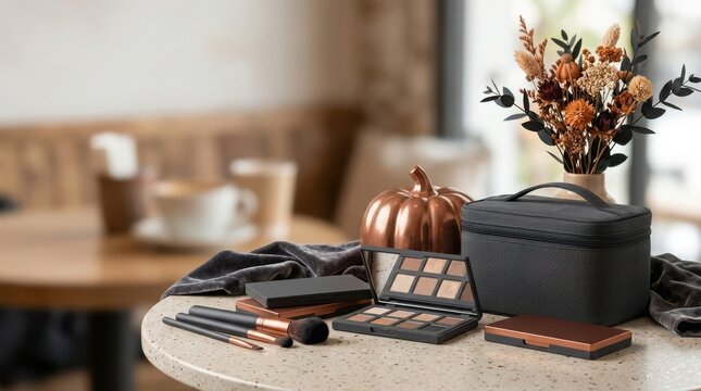 Makeup vanity set with palette brushes and cosmetic bag beside copper pumpkin and autumn dried flower bouquet on table.