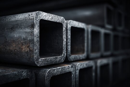 Close-up of stacked rectangular hollow steel tubes with dark, textured metallic surfaces showing industrial geometry and pattern.