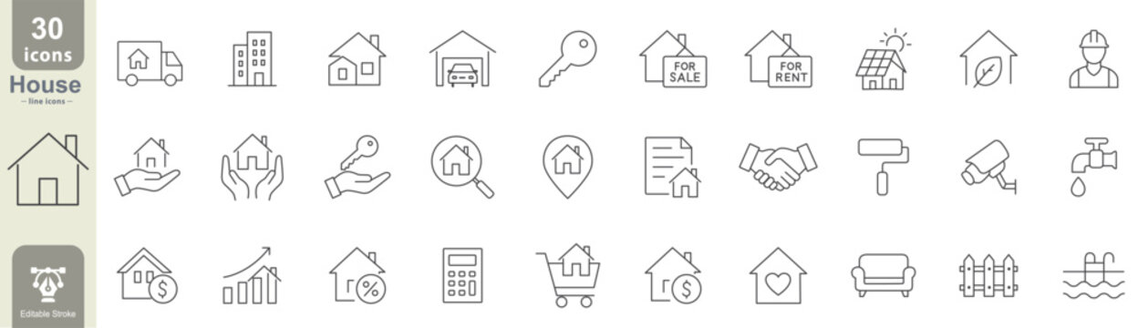 Home and real estate line icon set including houses, apartments, keys, sale, rent, solar energy, maintenance, property value, editable stroke